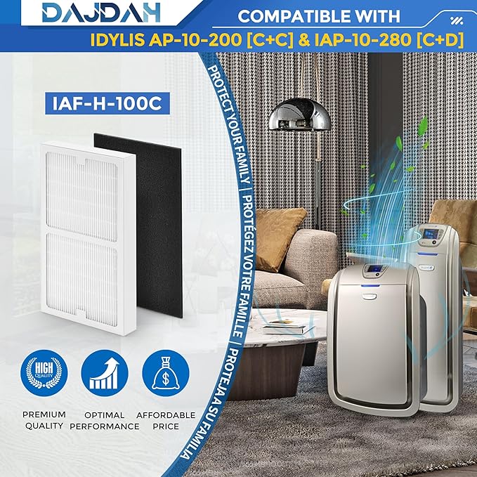 Idylis Air Purifier Replacement Filter C for Idylis Air Purifier IAP-10-200 IAP10200 [C+C] IAP-10-280 IAP10280 [C+D] and LOWESRAPF-C-4 with Idylis Air Filters IAF-H-100C, 4 HEPA & 8 Carbon Pre-filter