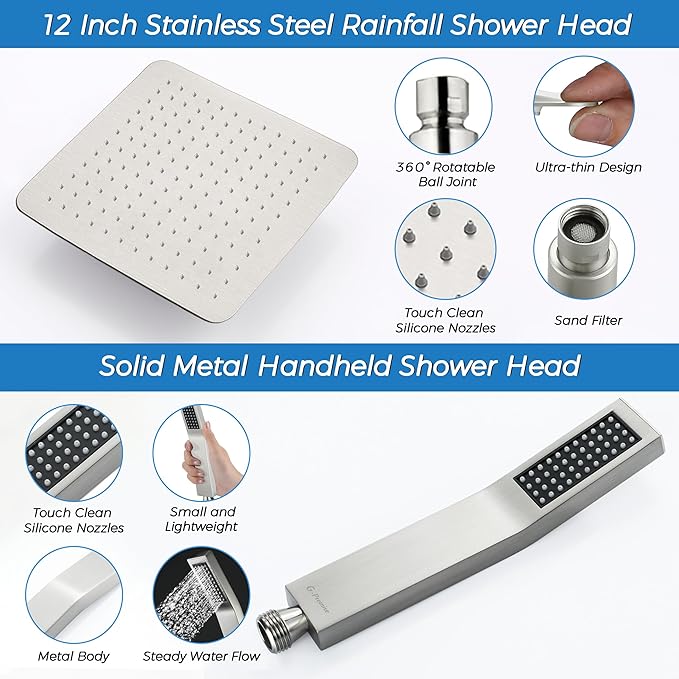 G-Promise All Metal 12 Inches Rainfall Shower Head with Handheld Spray Combo, 3 Settings Diverter, Adjustable Extension Arm with Lock Joints, 71 Inches Stainless Steel Hose (Brushed Nickel)
