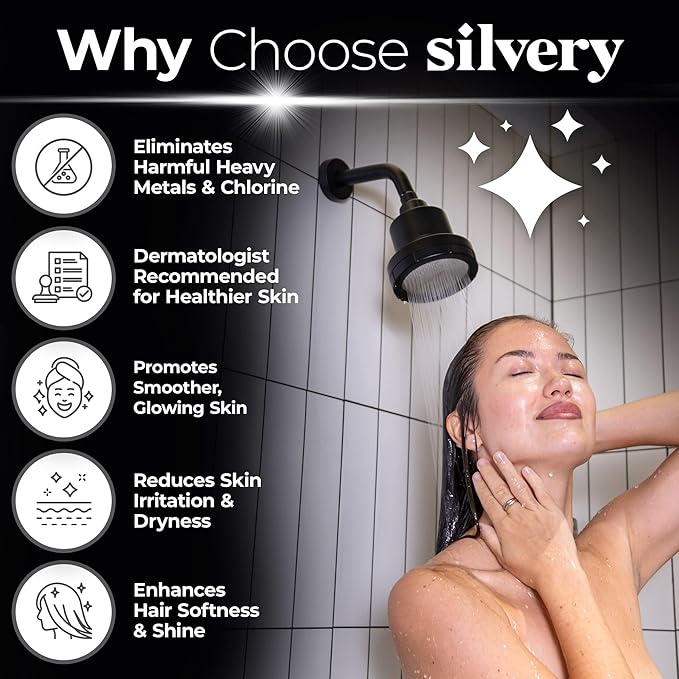 Silvery High Pressure Filtered Shower Head - Dermatologist-Approved Clean Water with Silvery Technology™ Filter - Showerhead Removes Impurities for Healthier Skin, Hair, Scalp & Soothes Dry Skin