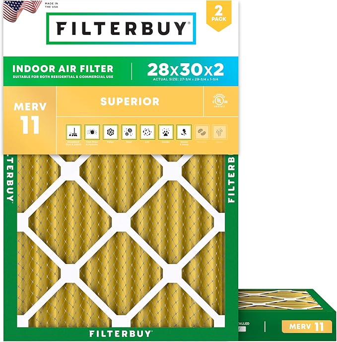 Filterbuy 28x30x2 Air Filter MERV 11 (MPR 1200) Allergen Defense Replacement (2-Pack), Electrostatic Pleated HVAC AC Furnace Filters, Made in USA (Actual Size: 27.75 x 29.75 x 1.75)