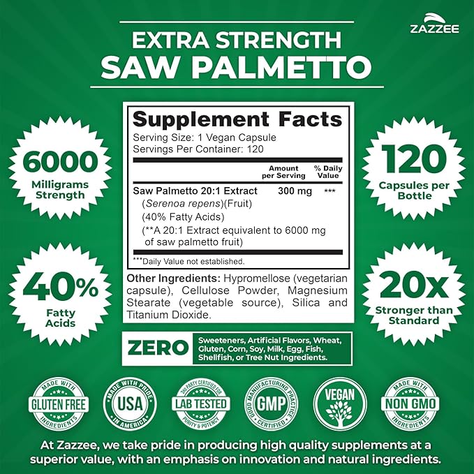 Zazzee Extra Strength Saw Palmetto 20:1 Extract, 6000 mg Strength, 40% Fatty Acids, 120 Vegan Capsules, 4 Month Supply, Concentrated and Standardized 20X Extract, Non-GMO, All-Natural, Made in the USA