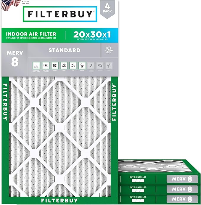 Filterbuy 20x30x1 Air Filter MERV 8 (MPR 700) Dust Defense Replacement (4-Pack), Electrostatic Pleated HVAC AC Furnace Filters, Made in USA (Actual Size: 19.63 x 29.63 x 0.75)