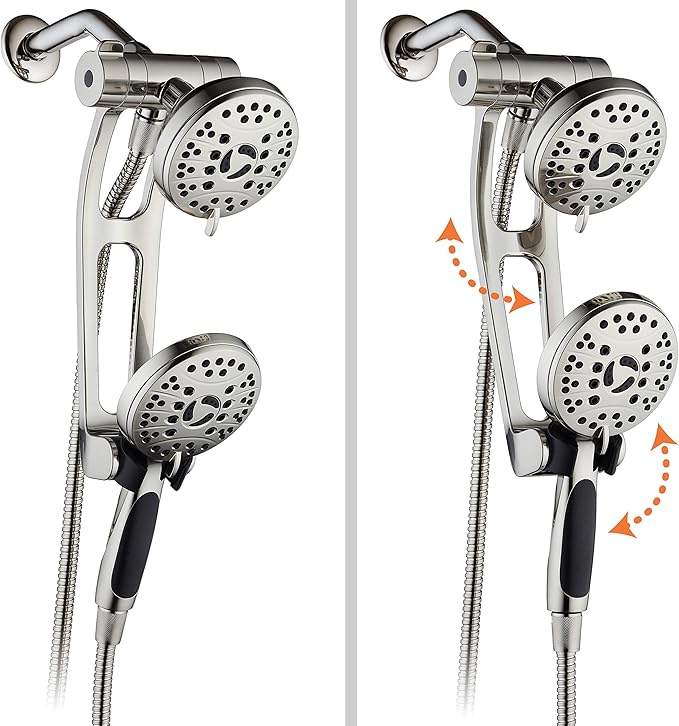 High Pressure 48-mode Luxury 3-way Combo with Adjustable Extension Arm – Dual Rain & Handheld Shower Head – Extra Long 6 Foot Stainless Steel Hose – All Brushed Nickel Finish – Top US Brand