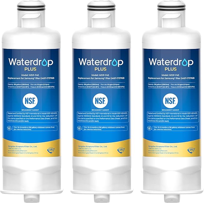 Waterdrop Plus DA97-17376B Water Filter, Replacement for Samsung® HAF-QIN/EXP, DA97-08006C, NSF/ANSI 401&53&42&372 Certified Refrigerator Water Filter, 3 Filters (Package may vary)