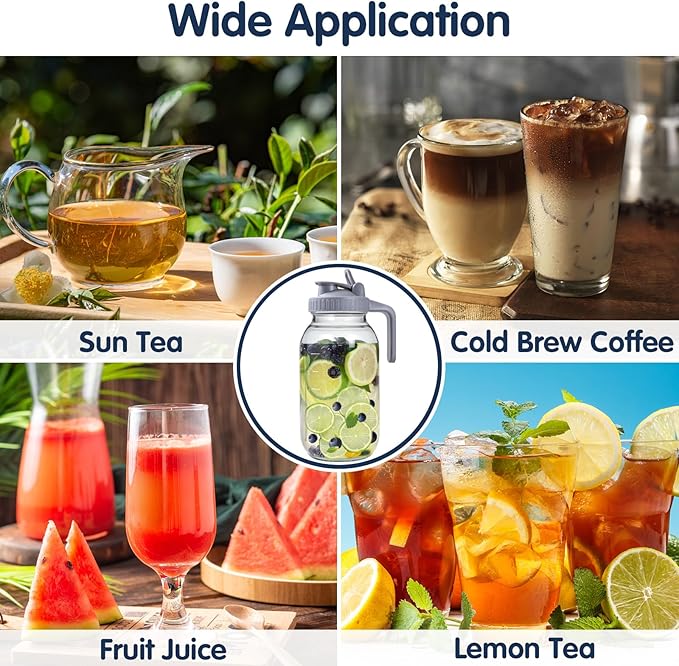 3 Packs 64OZ Glass Pitcher with Lid, Wide Mouth Mason Jar Water Jug, Leak-Proof Airtight Mason Jar for Cold Brew Coffee, Iced tea, Milk, Food Storage, Sun Tea