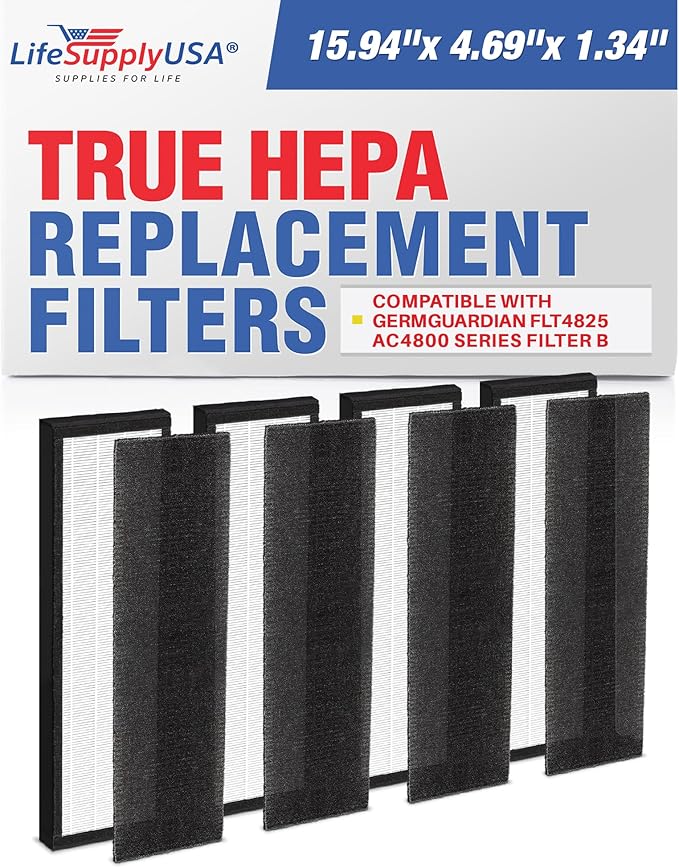 4 True HEPA Filters “Filter B” FLT4825 | Compatible with GermGuardian AC4825, AC4300, AC4900, AC4850 & AC4800 Series Air Purifiers by LifeSupplyUSA