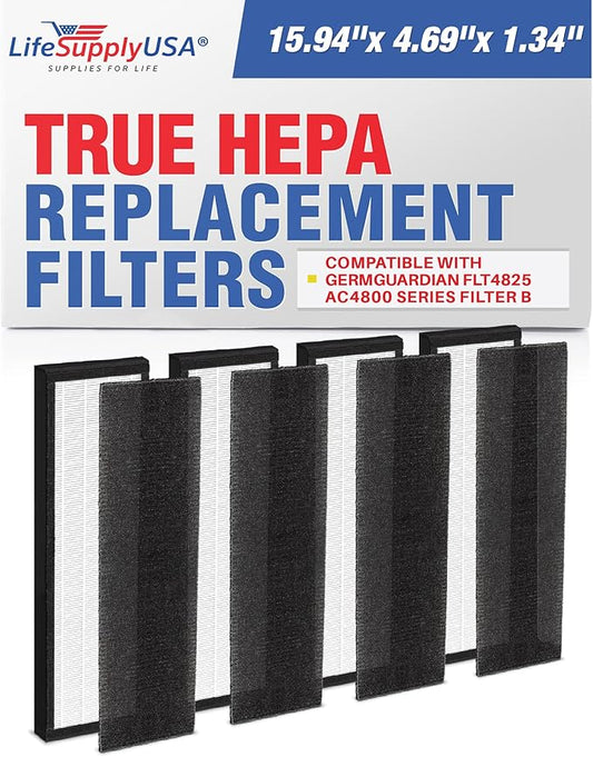 4 True HEPA Filters “Filter B” FLT4825 | Compatible with GermGuardian AC4825, AC4300, AC4900, AC4850 & AC4800 Series Air Purifiers by LifeSupplyUSA