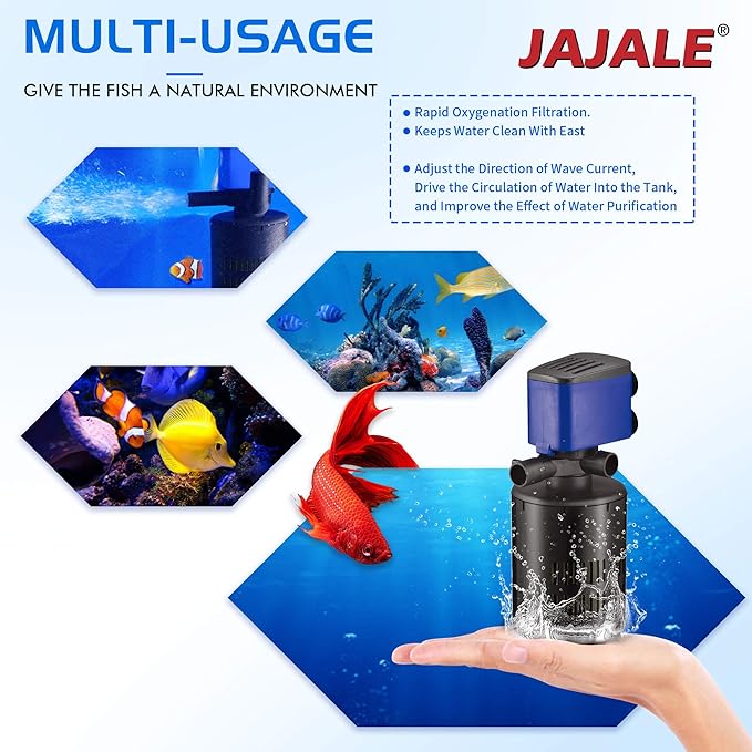 210 GPH Internal Filter Submersible Pump - 3 in 1 Aquarium Fish Tank Pump with Oxygenation, Filtration & Water Cycling, 3.3 ft max lift, 15W