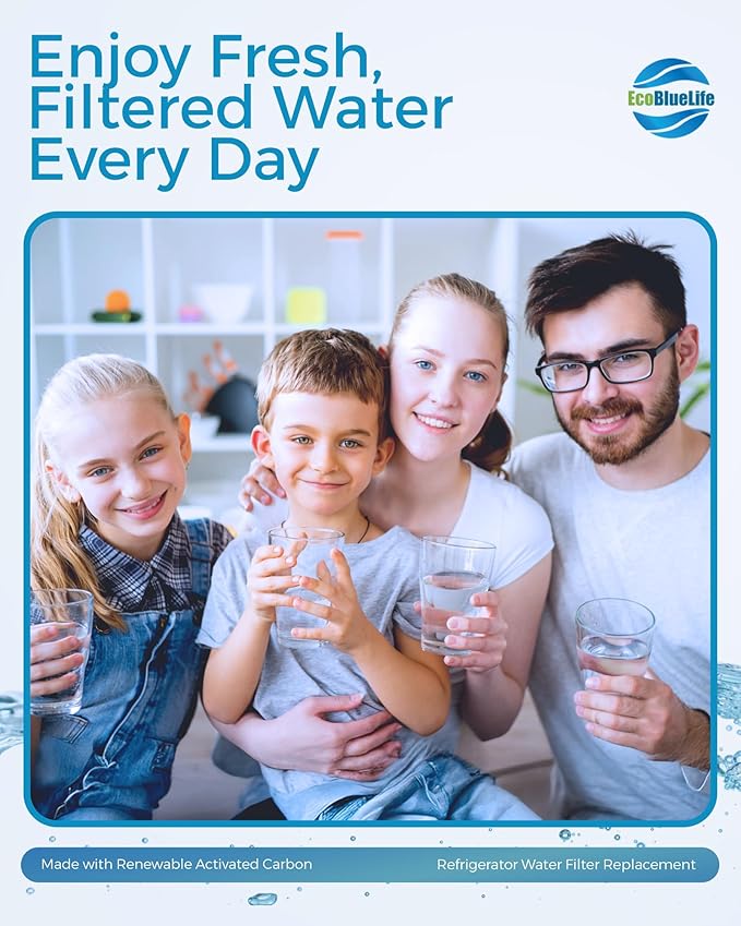 EcoBlueLife Refrigerator Water Filter Replacement using Renewable Activated Carbon. Easy Install Fridge Filter Replacement. Filters up to 300 Gallons of water, 6 Months of Purified Water