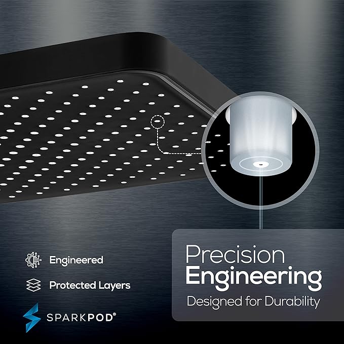 SparkPod 12 Inch Black Rain Shower Head - Ceiling or Wall Mount Rainfall Shower Head - Large Coverage Showerhead - Brass Ball Joint with 360° Adjustment - 1-Min Install (Midnight Black Matte)
