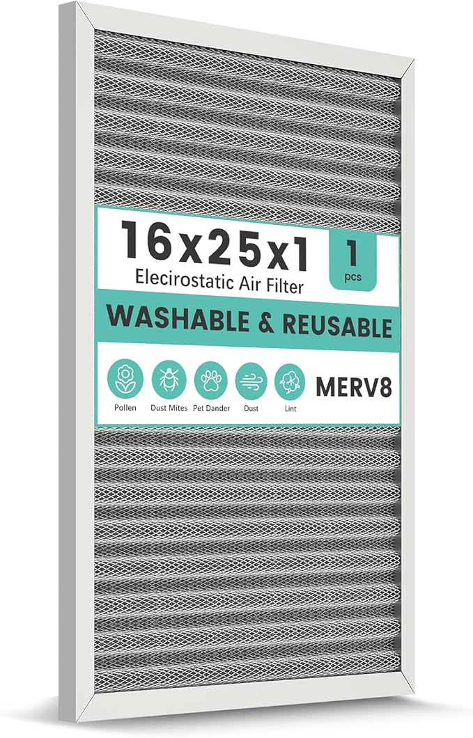 16x25x1 HVAC Furnace Air Filter, Reusable Washable Electrostatic Furnace Filter, MERV 8, Lasts a Lifetime, Breathe Fresher, Home And Office (Actual Size:15.5x24.65x0.82 Inch)