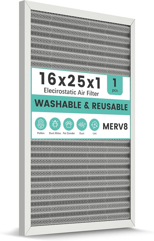 16x25x1 HVAC Furnace Air Filter, Reusable Washable Electrostatic Furnace Filter, MERV 8, Lasts a Lifetime, Breathe Fresher, Home And Office (Actual Size:15.5x24.65x0.82 Inch)