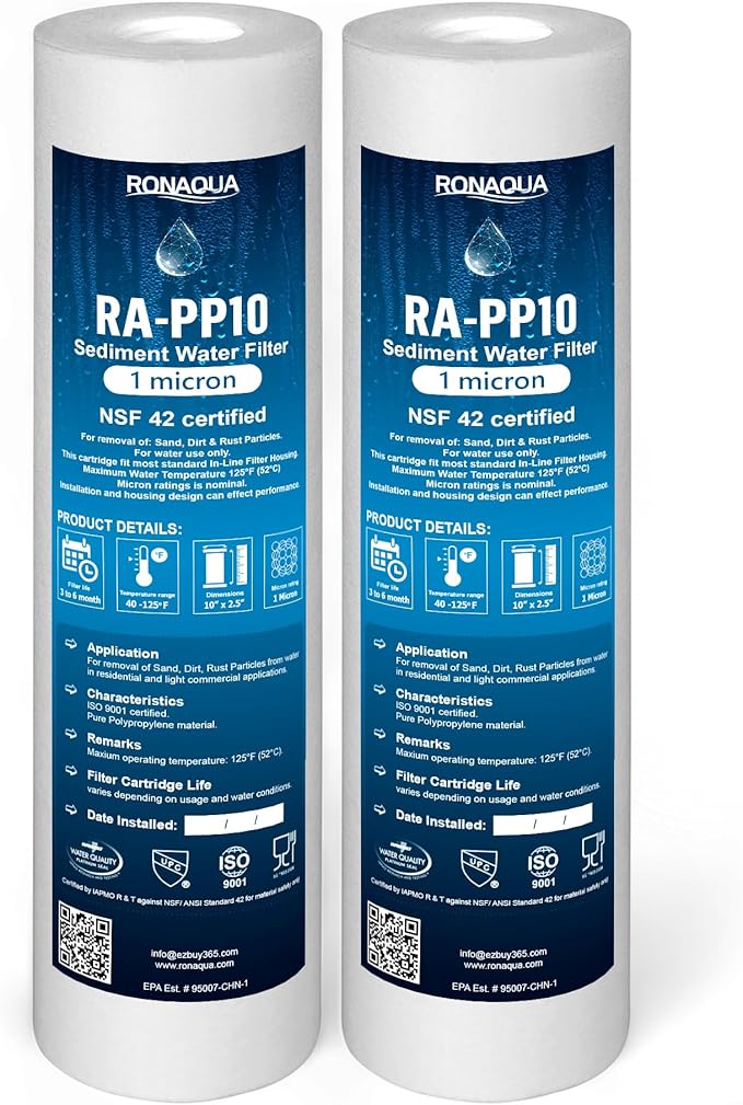 Ronaqua 1 Micron Sediment Water Filter Cartridge 10"x2.5", NSF Certified, 4-Layer Filtration for any 10-inch RO Units & Whole House Systems, Compatible with Culligan P5, AP110, WHKF-GD05, 2 Pack