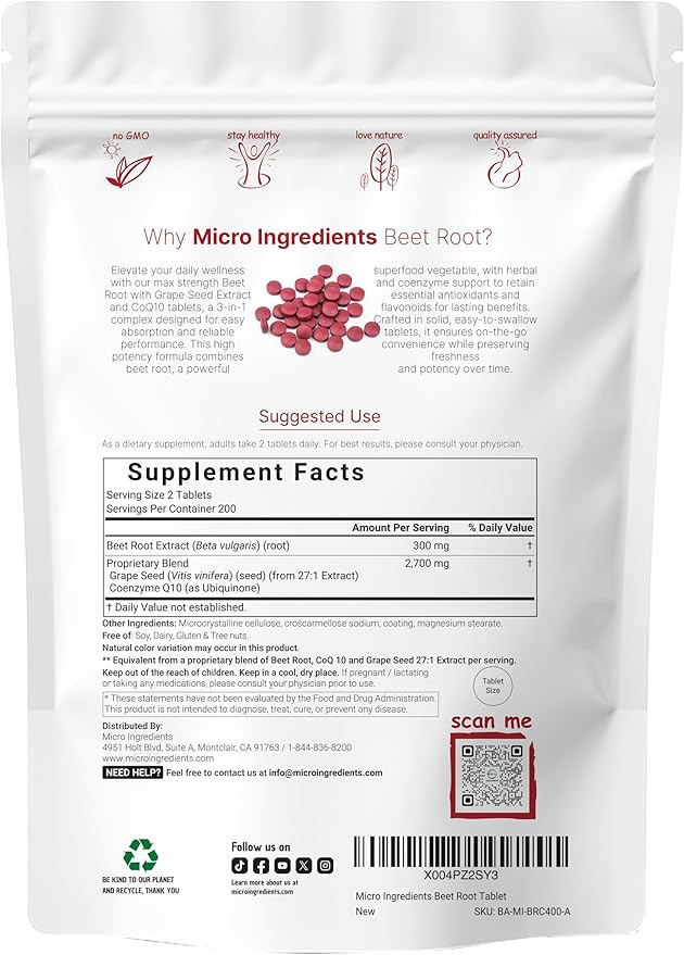 Beet Root 3,000mg with Grape Seed Extract & CoQ10, 400 Tablets | 200 Servings | Super Beets Supplements from Fresh Beetroot Extract for Nitric Oxide, Blood Pressure & Heart Health Support