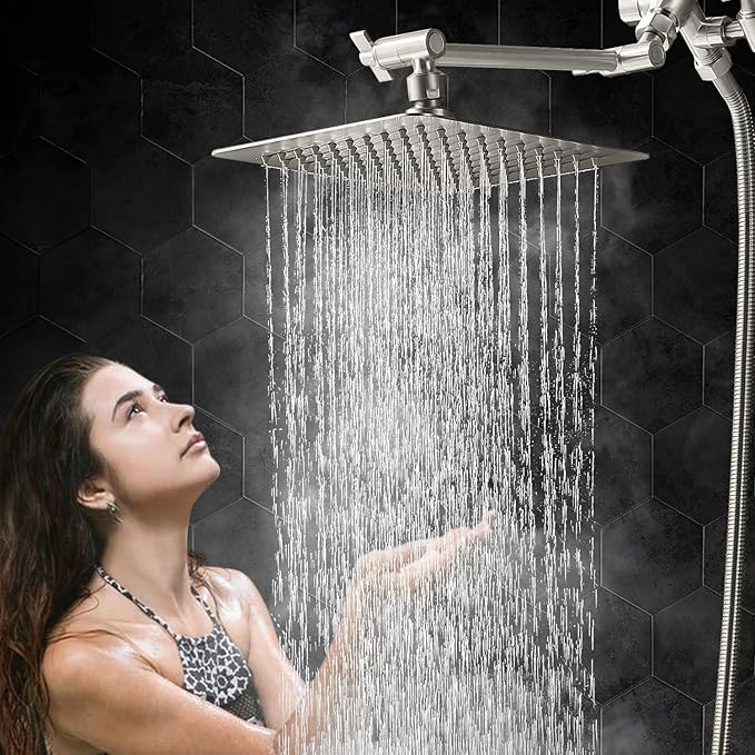 G-Promise All Metal 10" Dual Square Shower Head Combo | Rain Shower Head | Handheld Shower Wand | Adjustable | 3-Way Diverter | 71" Extra Long Hose - A Bathroom Upgrade(Brushed Nickel)