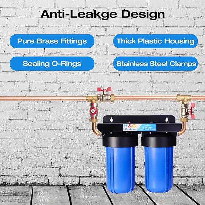 H&G Lifestyles Whole House Water Filter System,2 Stage Home Water Filtration with Carbon Sediment Filters, Remove Chlorine Odor Heavy Metal Lead Sediment for Drinking Water,4.5" x10“ Cartridge