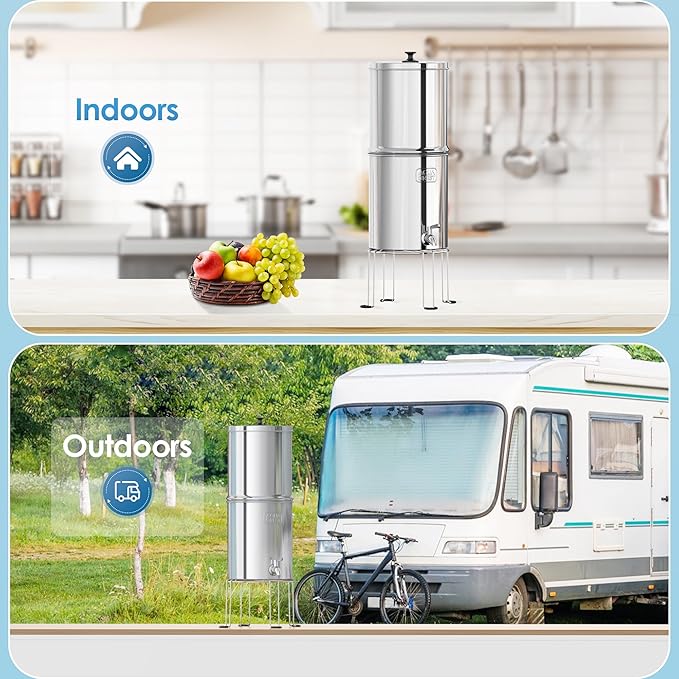 AQUA CREST Gravity Water Filter System, 304 Stainless Steel Countertop System with 4 Filters and Anti-Slip Stand, Reduce Fluoride and Chlorine, 2.25G, for Home, Camping, RVing, Off-Grid, Emergencies