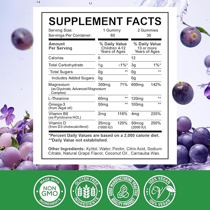 Magnesium Complex Gummies for Kids & Adults- Magnesium Glycinate Supplement- Support Calm Stress Relief, Bones, Mood Vegan- Sugar-Free Grape Flavor, 60 Gummies