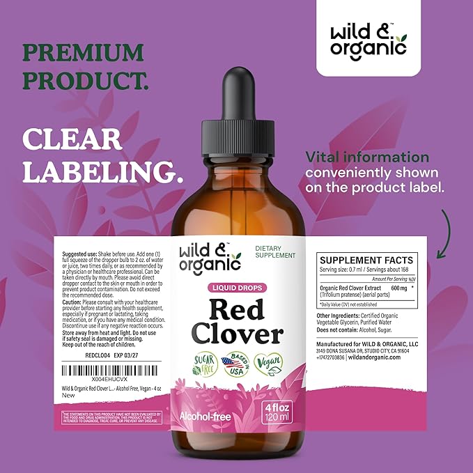 Wild & Organic Red Clover Tincture 600 mg - Liquid Red Clover Supplements for Women - 2-Month Supply - Trifolium Pratense Herb - Vegan, Sugar & Alcohol-Free Extract Drops - 4 fl oz