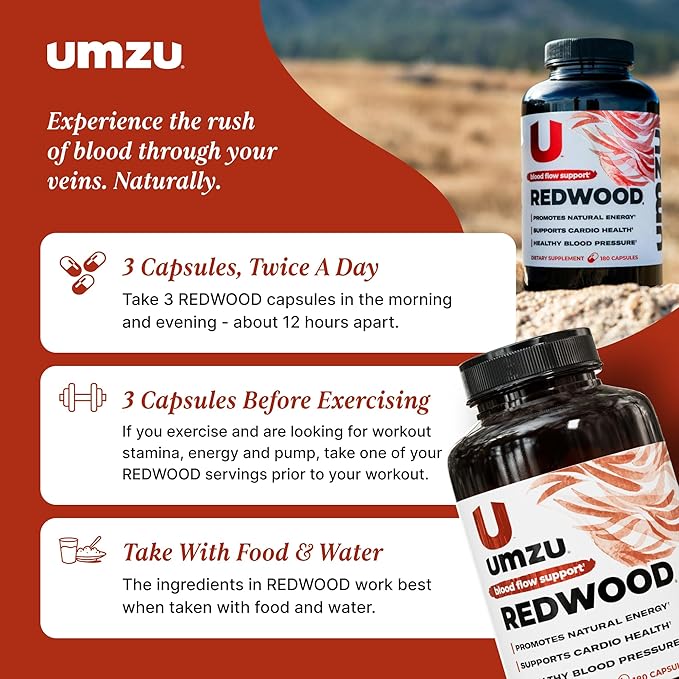 UMZU Redwood Nitric Oxide Booster, 1-Month Supply – Nitric Oxide Supplement with Vitamin C, Garlic & Horse Chestnut – Supports Healthy Circulation, Blood Flow, Energy, Stamina and Daily Vitality
