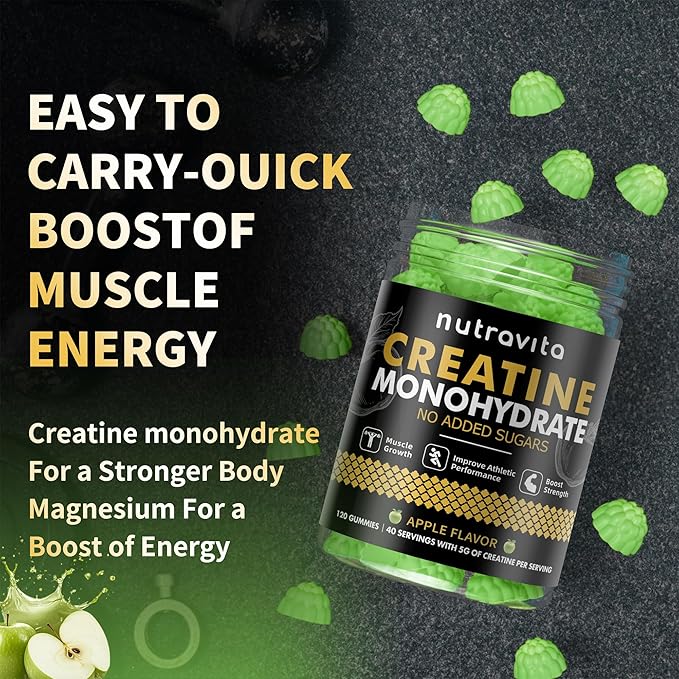Creatine Monohydrate Gummies for Men & Women-5g of Creatine Monohydrate per Serving - Sugar Free,Vegan, Apple Flavor, 120 Count