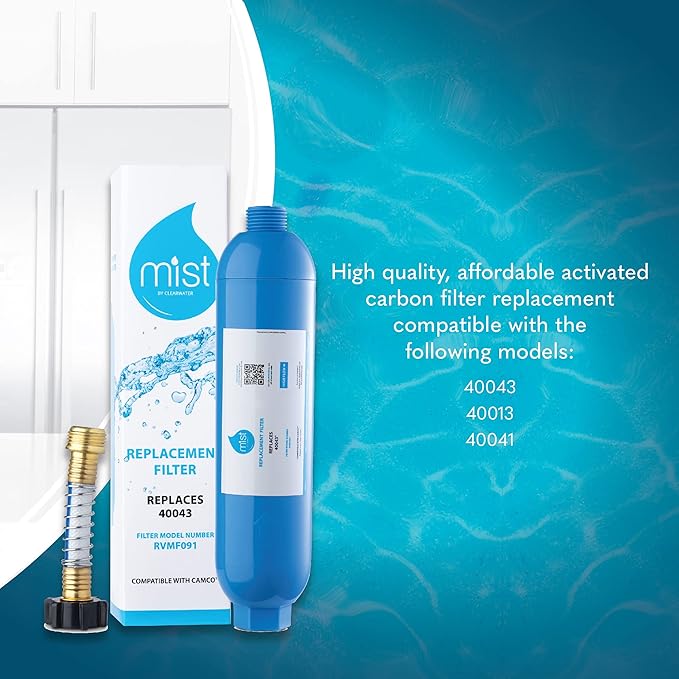 Mist 40043 Replacement for Camco RV Inline Water Filter 40043, 40013, 40041, with Flexible Hose Protector. Reduces Bad Taste, Odors, Chlorine, Lead and Sediment, 1 Pack
