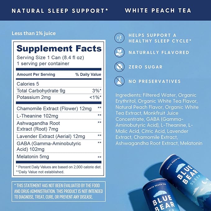 Blue Bear Melatonin Sleep Drink, Sleep Tea for Bedtime Support, White Peach Tea with Melatonin (5mg), Lavender, Ashwagandha, Chamomile, GABA, L-Theanine, Caffeine-Free, Zero Sugar, 8.4 Fl Oz 12-Pack