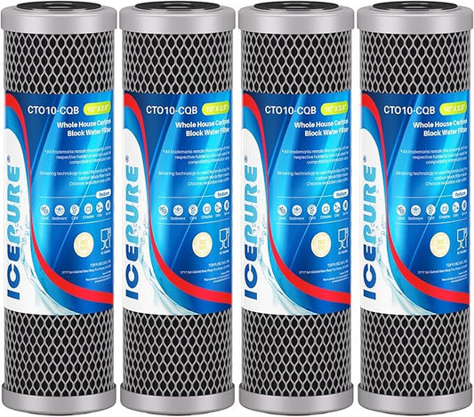 ICEPURE 1 Micron 10" x 2.5" Whole House Upgraded Coconut Shell Activated Water Filter Lead Remove Filter Cartridge Replacement for WFPFC8002, SCWH-5, WHCF-WHWC, FXWTC, CTO10-CQB, RO Unit, 4PACK