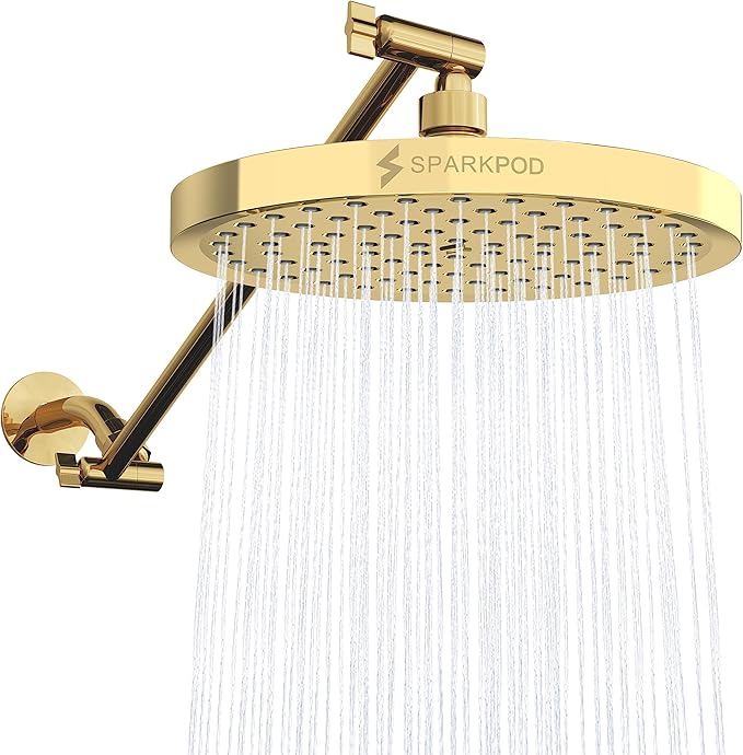 SparkPod Round Rain Shower Head with Extension Arm - Height Adjustable Shower Head with High Pressure Performance - Easy 1-Minute Installation (16" Arm Extension, Egyptian Gold)