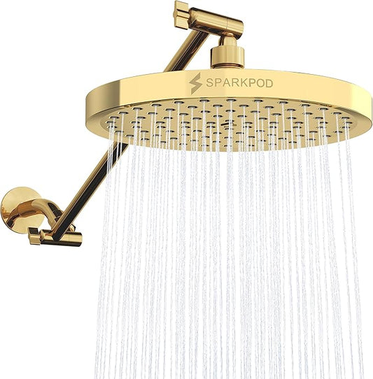 SparkPod Round Rain Shower Head with Extension Arm - Height Adjustable Shower Head with High Pressure Performance - Easy 1-Minute Installation (16" Arm Extension, Egyptian Gold)