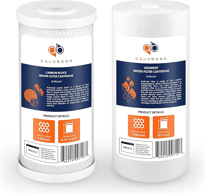 Aquaboon 5 Micron 10 x 4.5 Whole House Water Filters Cartridges Replacement Set of Carbon & Sediment Filters Compatible with FXHTC, DGD-5005, 2 Pack