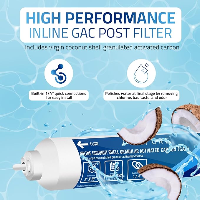 In line Water Filter 2" x 10" Coconut Shell Post Activated Carbon Water Filter Replacement with 1/4" OD Quick Connects for Inline Reverse Osmosis RO Water Filtration, Refrigerator, Ice Maker