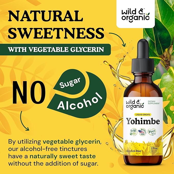 Wild & Organic Yohimbe Supplements for Men & Women - 5 mg Yohimbine Liquid Extract Drops - Pausinystalia Yohimbe Bark Tincture - Vegan, Alcohol-Free - 2 fl oz