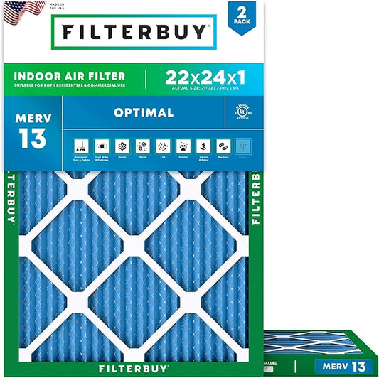 Filterbuy 22x24x1 Air Filter MERV 13 (MPR 1900) Health Defense Replacement (2-Pack), Electrostatic Pleated HVAC AC Furnace Filters, Made in USA (Actual Size: 21.50 x 23.50 x 0.75)