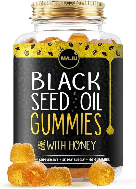 MAJU's Black Seed Oil Gummies with Honey 90ct, 500mg BSO Gummy, Black Cumin Seed Nigella Sativa Oil, Cold-Pressed, Potent Formula, 90ct
