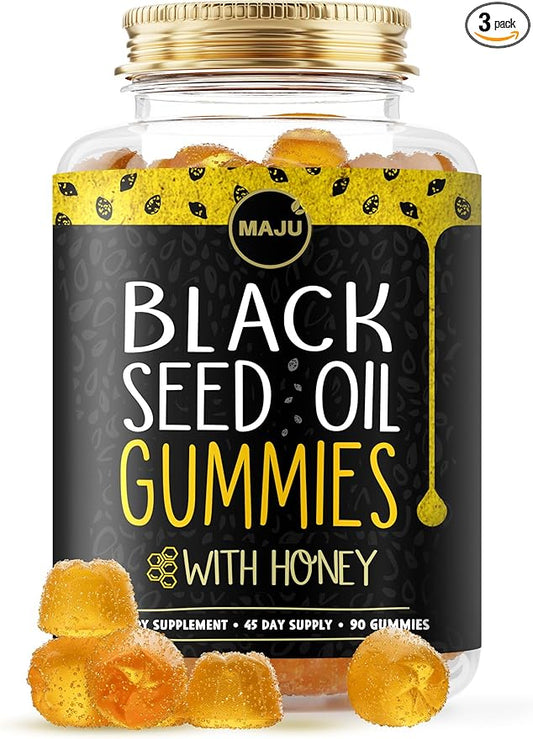 MAJU's Black Seed Oil Gummies with Honey 90ct, 500mg BSO Gummy, Black Cumin Seed Nigella Sativa Oil, Cold-Pressed, Potent Formula, 90ct (3-Pack)