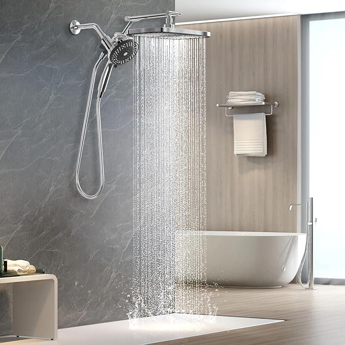 High Pressure Rain Shower Head with Handheld Spray Combo,10 Sprays Handheld Shower Head, Detachable Shower head Built-in Magnetic Docking and Power Jets (Chrome)