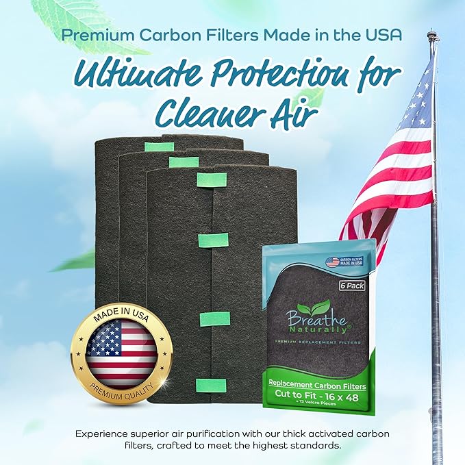 Breathe Naturally Universal Cut To Fit Carbon Activated Air Filter - Replacement Charcoal Filters - Pre Filter Carbon Sheet for Air Purifier, Vent Filters & More - Made in USA (Pack of 6, 16x48)