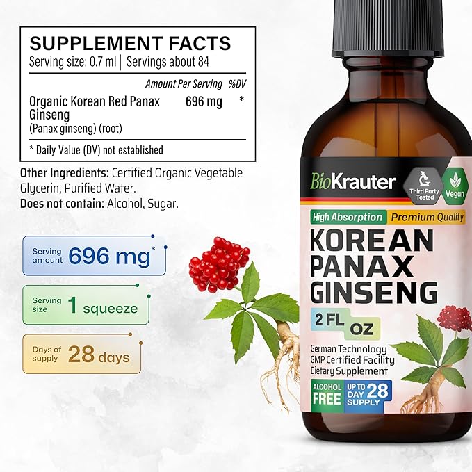BIO KRAUTER Panax Ginseng Extract Liquid - Korean Red Ginseng Supplement Alcohol Free - Immune Support - Vegan, Sugar Free - 2 Fl.Oz.