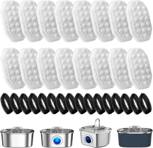 16 Pcs Cat Water Fountain Replacement Filters & Pre-Filter Sponges for Rellaty Neareal 108oz/3.2 Stainless Steel Pet Water Fountain Automatic Pet Fountain with Water Level Window