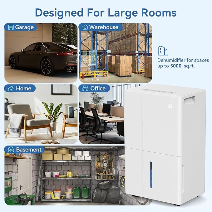 105 Pints Basement Dehumidifier with Pump for Space up to 5000 sq.ft, Large Dehumidifiers with Drain Hose, 1.7 Gal Water Tank, Intelligent Humidity Control, Auto Shutoff, 24H Timer, for Large Room
