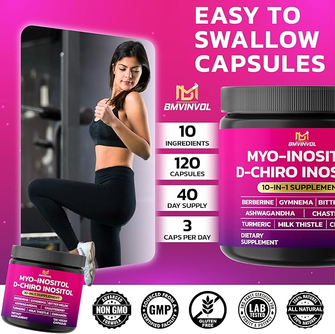 BMVINVOL Inositol Supplement - Myo-Inositol and D-Chiro Inositol Ideal 40:1 Ratio - Plus Berberine, Cinnamon, Ashwagandha + 5 More - 120 Capsules