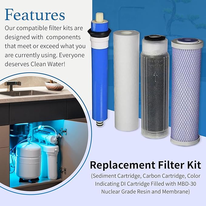Reverse Osmosis Deionization (RODI) 10" Replacement Filter Kit (Sediment Cartridge, Carbon Cartridge, Color Indicating DI Cartridge Filled with MBD-30 Nuclear Grade Resin and 100 GPD membrane) by CFS