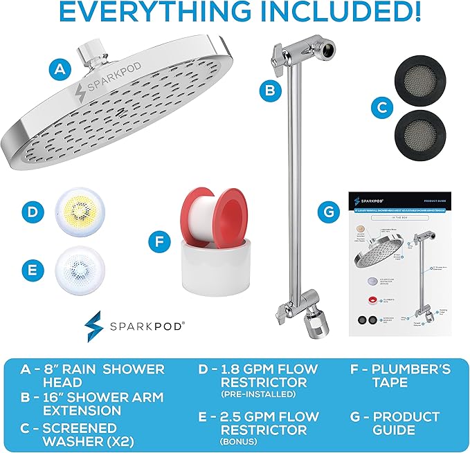 SparkPod Round Rain Shower Head with Extension Arm - Height Adjustable Shower Head with High Pressure Performance - Easy 1-Minute Installation (16" Arm Extension, Luxury Polished Chrome)