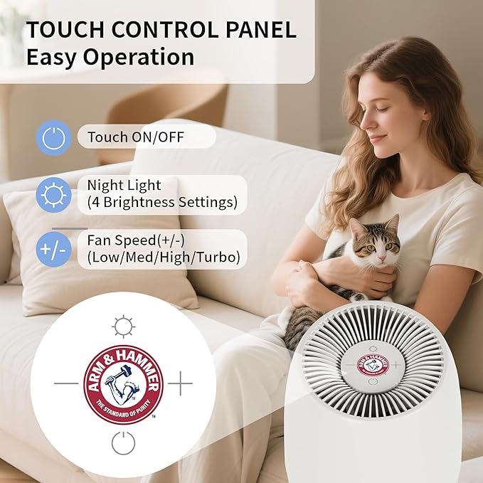 ARM & HAMMER AH301W-1 Air Purifier with Night Light, HEPA Filter Captures 99.97% of Smoke, Pollen, Pet Dander & Odors, Quiet for Bedroom, Office, Home, Pearl White