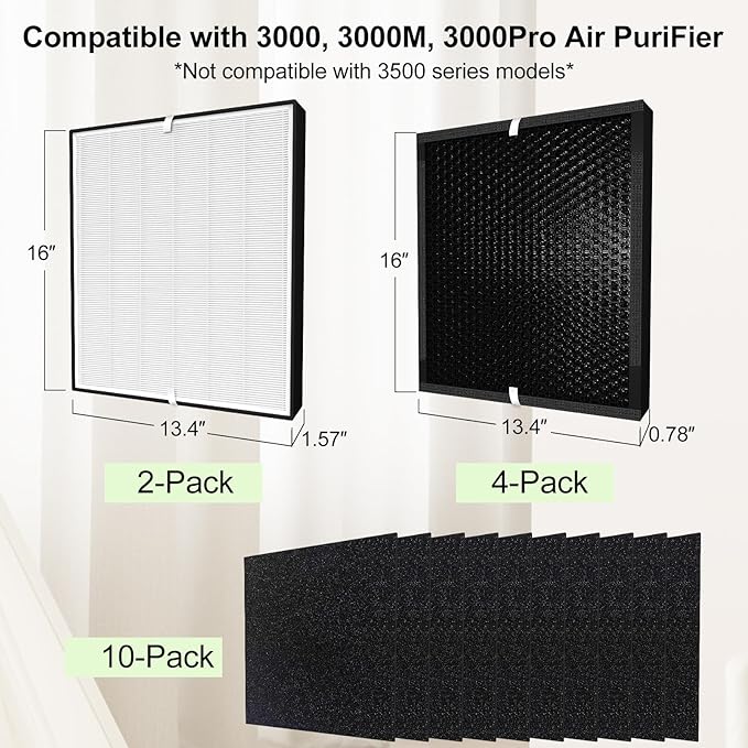 16 Pack 3000 Replacement Compatible with 3000 Series,Replace The Filter Element,2 Efficiency Filter + 4 Activated Carbon Filter + 10 Pre-Filters