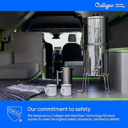 Culligan with MaxClear Technology 2.25 Gallon Gravity Water Filter System, Polished Countertop Ceramic Water Filter NSF/ANSI Certified to Reduce Lead, Microplastics & Total PFAS, with 4 Filters