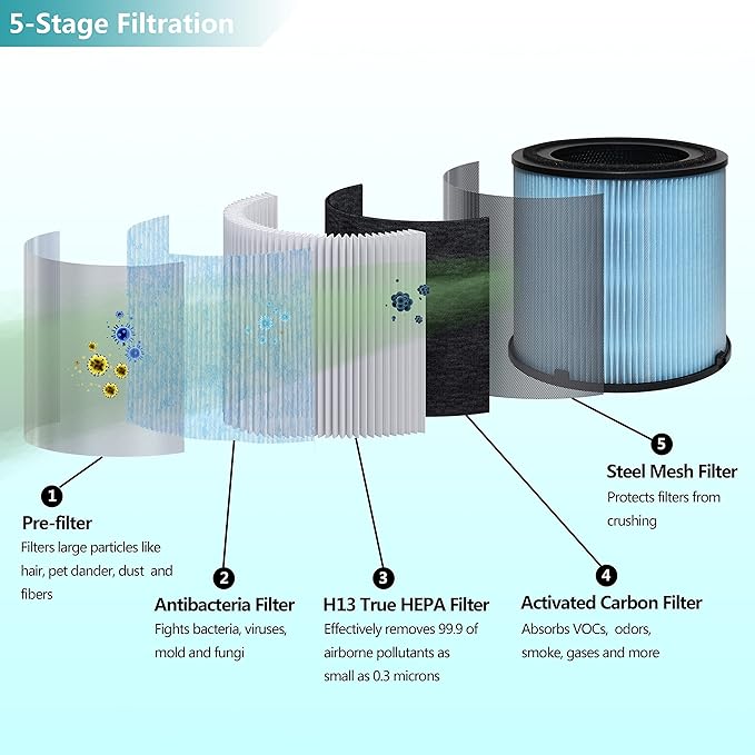 Air Purifier AP1001 Replacement Filter, Compatible with AIRTOK AP1001 Air Purifier, Part # AP1001-RF, 5-Layer Purification System, H13 True HEPA Filter, 2-Pack