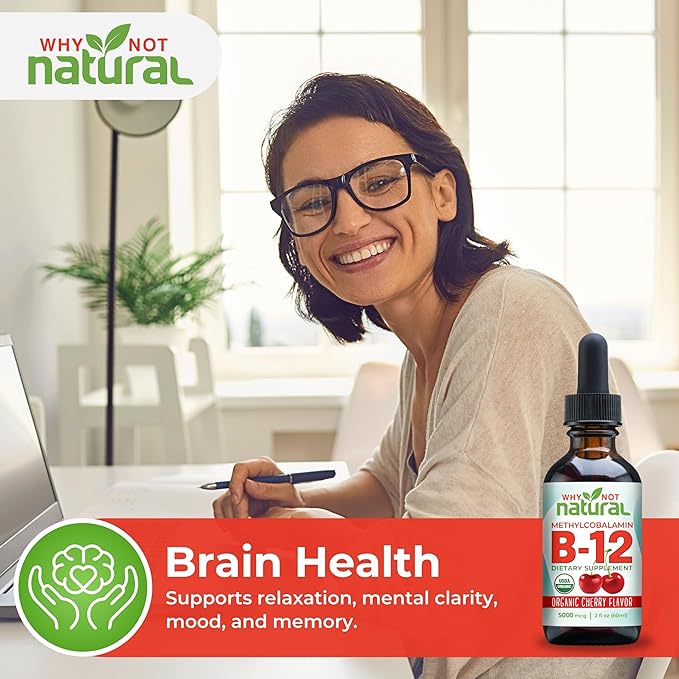 Why Not Natural Organic Vitamin B12 Liquid - Sublingual Extra Strength 60 x 5000 mcg Methylcobalamin Drops, Vegan, Maximize Absorption and Energy