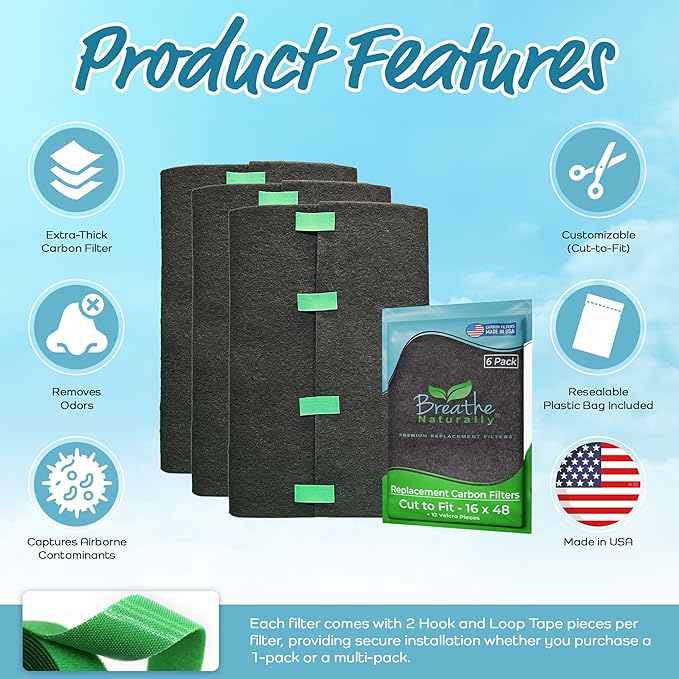 Breathe Naturally Universal Cut To Fit Carbon Activated Air Filter - Replacement Charcoal Filters - Pre Filter Carbon Sheet for Air Purifier, Vent Filters & More - Made in USA (Pack of 6, 16x48)